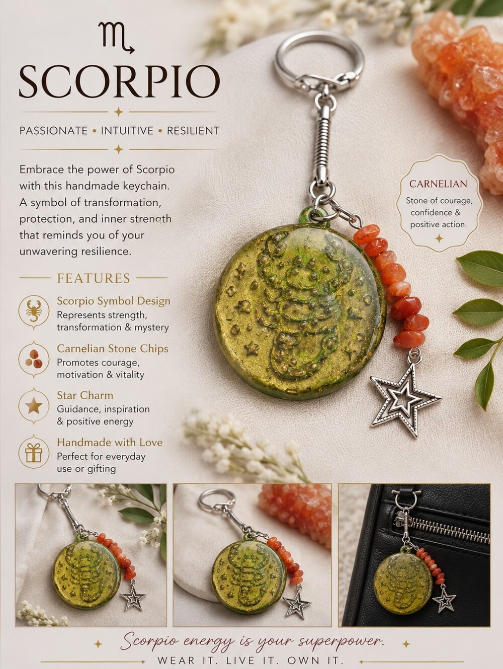 Scorpio Zodiac Keychain with Carnelian Chips